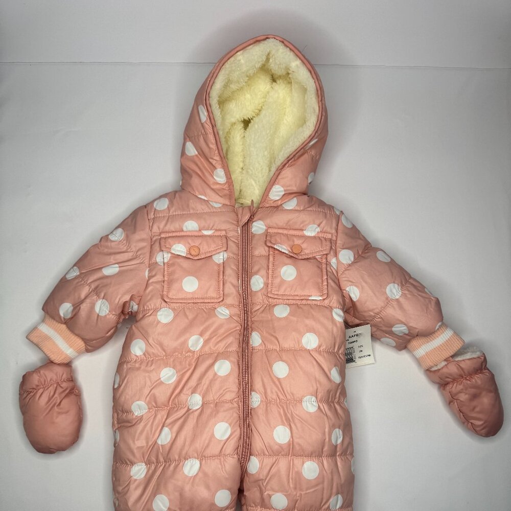 NWT Urban Republic Girls Polka Dot Puffer Snowsuit 3M Pink Hooded Mittens